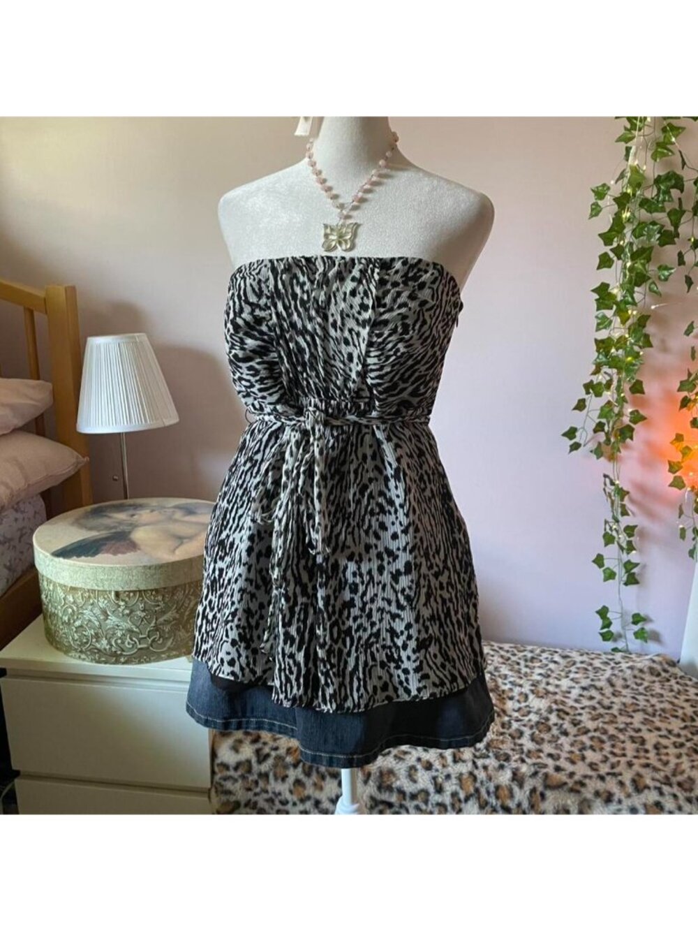 Banana Republic leopard print strapless silk top with tie detail